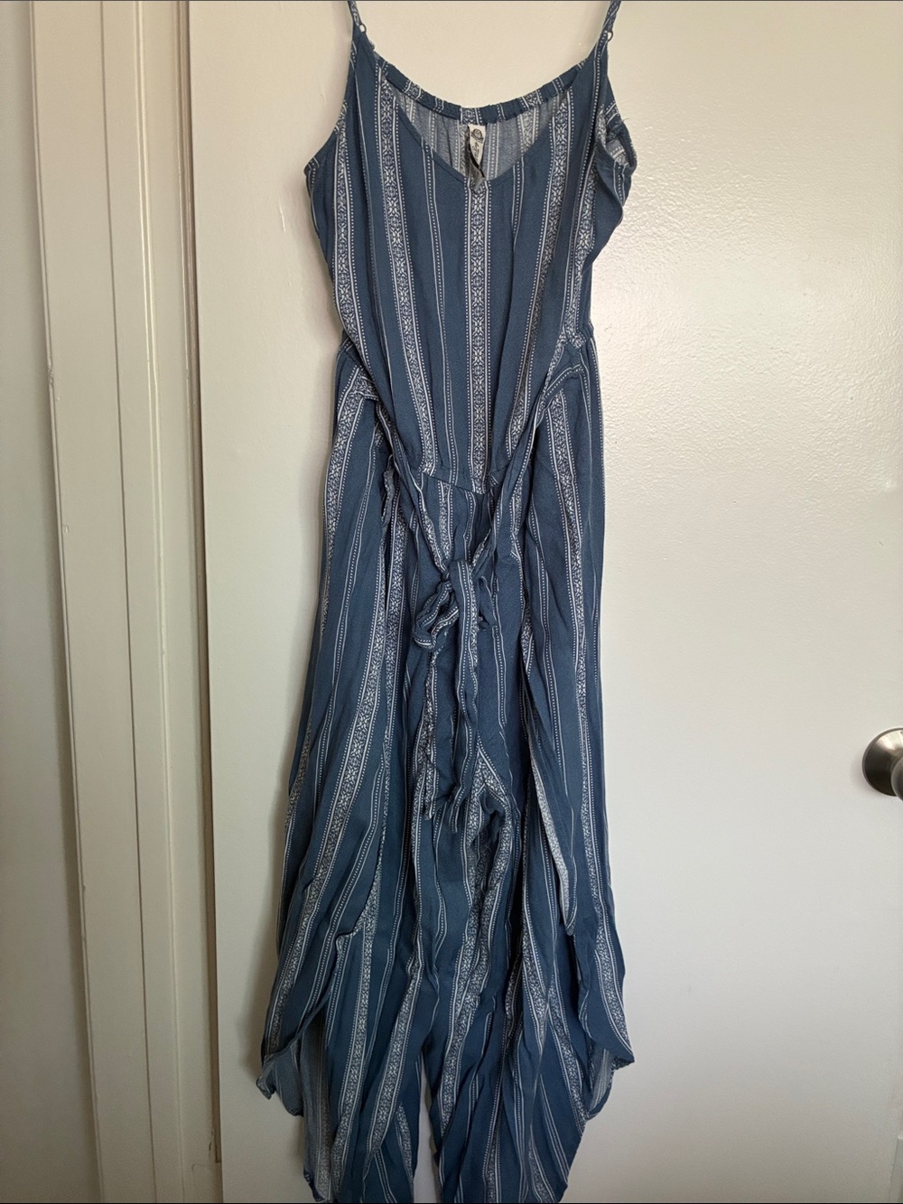 Blue Striped Sleeveless Maxi Dress with Tie Waist